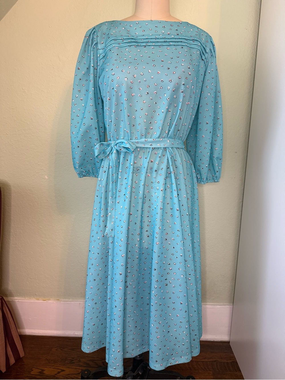 Vintage Lady Carol Aqua Blue Midi Dress 1980s Large